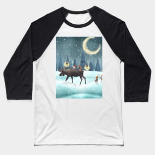 Scandinavian gnomes with moose watercolor illustration. Cute Christmas gnomes in snow forest. Winter fantasy moon night. Swedish Nordic funny gnomes Baseball T-Shirt